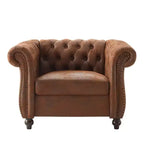 Poltrona Chesterfield moderna, Poltrona Club con braccioli a voluta, Borchie decorative e gambe in legno massello