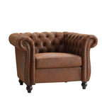 Poltrona Chesterfield moderna, Poltrona Club con braccioli a voluta, Borchie decorative e gambe in legno massello