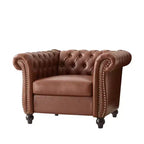 Poltrona Chesterfield moderna, Poltrona Club con braccioli a voluta, Borchie decorative e gambe in legno massello