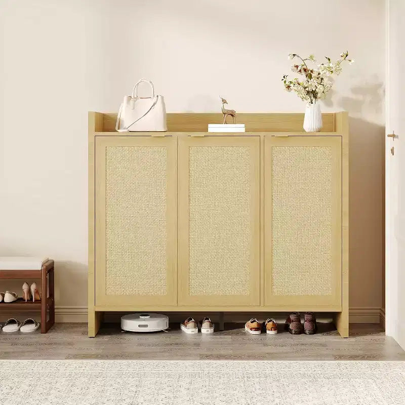 Mobile scarpiera in rattan, scarpiera organizer in legno con 3 ante e ripiani regolabili per ingresso, soggiorno, corridoio