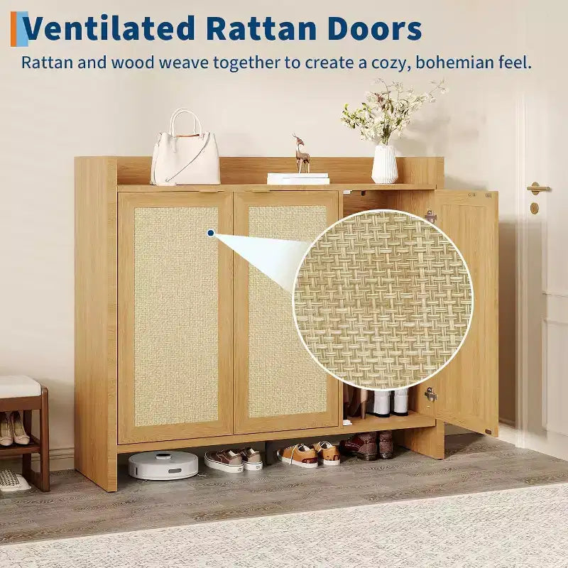 Mobile scarpiera in rattan, scarpiera organizer in legno con 3 ante e ripiani regolabili per ingresso, soggiorno, corridoio