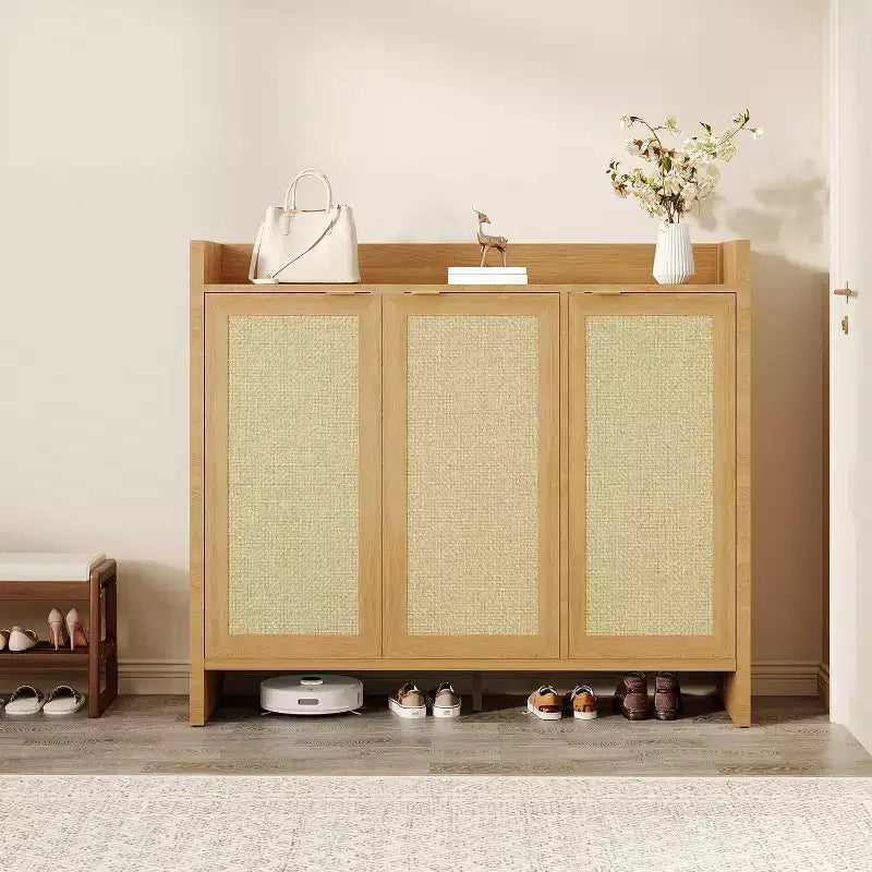 Mobile scarpiera in rattan, scarpiera organizer in legno con 3 ante e ripiani regolabili per ingresso, soggiorno, corridoio