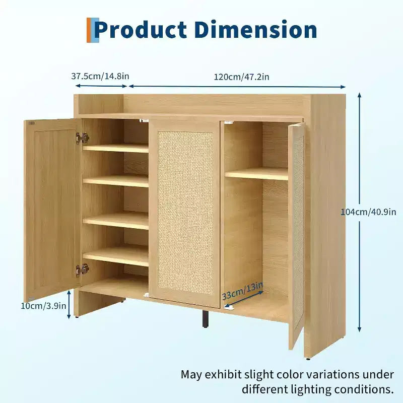 Mobile scarpiera in rattan, scarpiera organizer in legno con 3 ante e ripiani regolabili per ingresso, soggiorno, corridoio