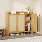 Rattan Shoe Storage Cabinet, Wooden Shoe Rack Organizer Cabinet with 3 Doors and Adjustable Shelves for Entryway Living Room Hallway