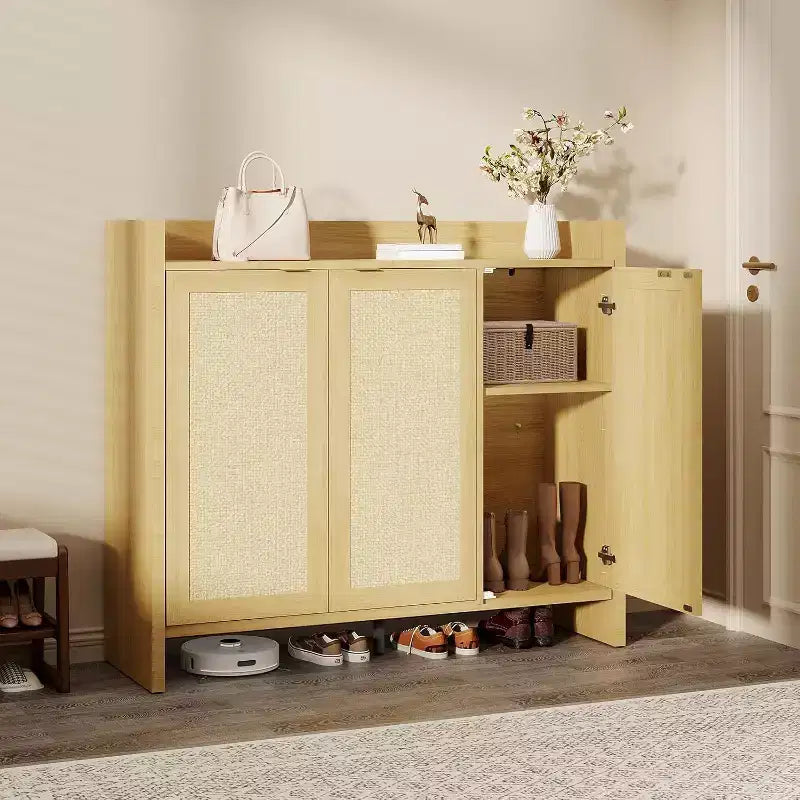 Mobile scarpiera in rattan, scarpiera organizer in legno con 3 ante e ripiani regolabili per ingresso, soggiorno, corridoio