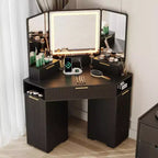 Corner Vanity Desk, Fluted Makeup Table with Drawers and Cabinets for Bedroom, Corner Makeup Vanity, Black