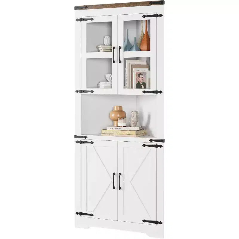 Mobile angolare alto, contenitore in stile rustico con anta in vetro e ripiani regolabili per cucina e bagno