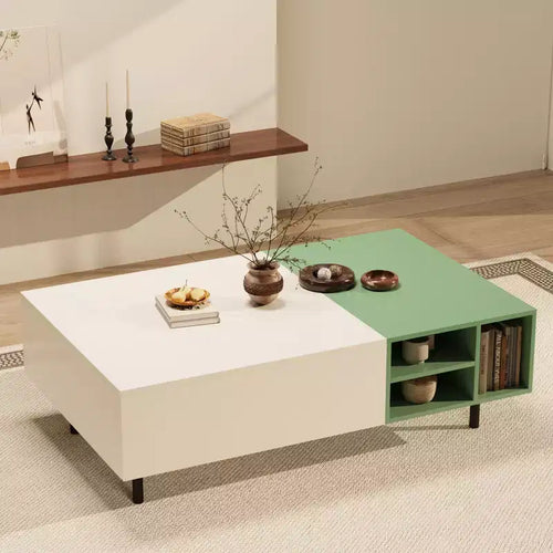 51.2 Inch Tavolino da caffè moderno a blocchi di colore con spazio di archiviazione, verde menta e bianco, Tavolino centrale con cassetti e ripiano aperto per soggiorno Gaoyangjiaju