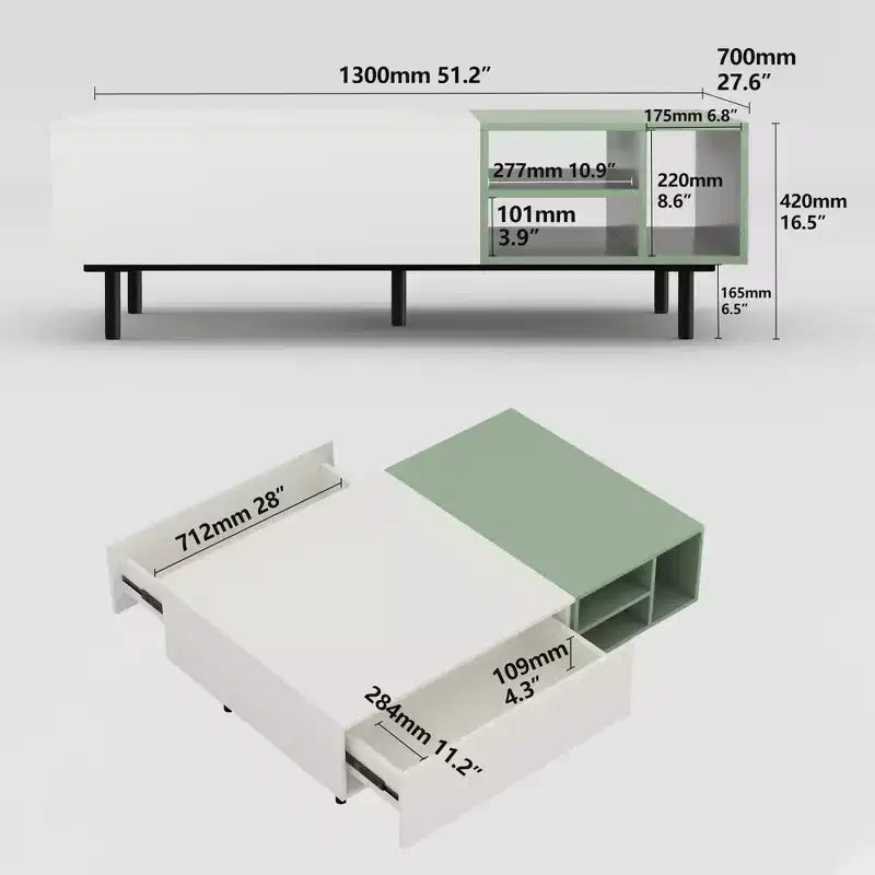 51.2 Inch Tavolino da caffè moderno a blocchi di colore con spazio di archiviazione, verde menta e bianco, Tavolino centrale con cassetti e ripiano aperto per soggiorno Gaoyangjiaju