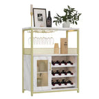 Wine Cabinet, Farmhouse Coffee Wine Bar Rack with Power Outlet & LED Light, Gold Liquor Cabinet with Detachable Rack & Glass Holder