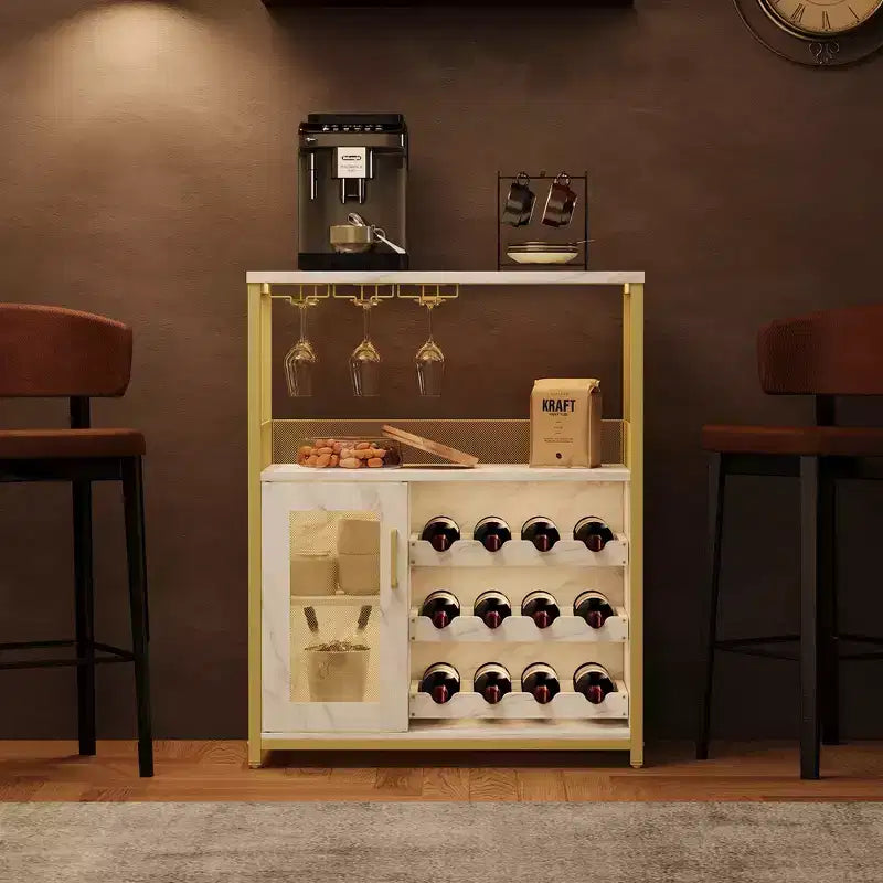 Mobile bar per vini, armadietto da caffè e vino in stile rustico con presa di corrente e luce LED, credenza per liquori dorata con portabottiglie e porta bicchieri rimovibili