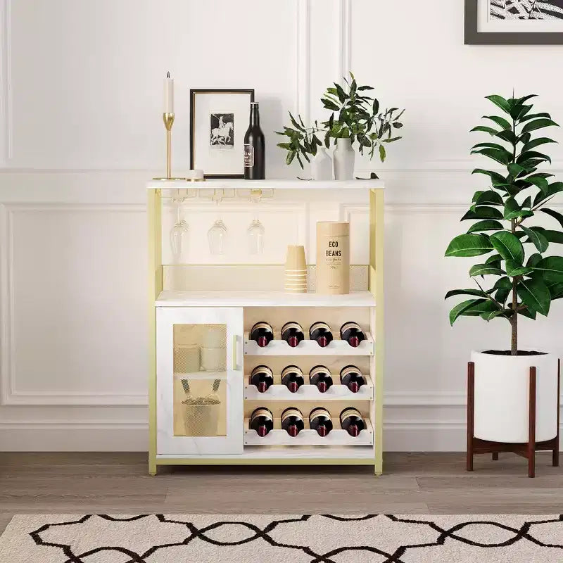 Mobile bar per vini, armadietto da caffè e vino in stile rustico con presa di corrente e luce LED, credenza per liquori dorata con portabottiglie e porta bicchieri rimovibili