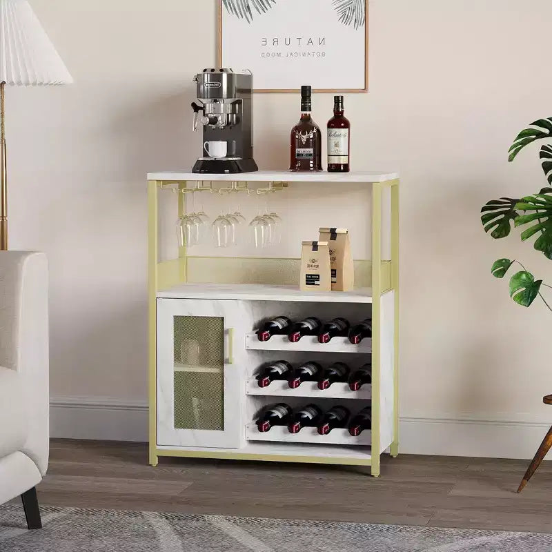 Mobile bar per vini, armadietto da caffè e vino in stile rustico con presa di corrente e luce LED, credenza per liquori dorata con portabottiglie e porta bicchieri rimovibili
