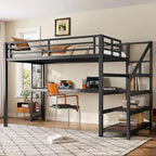 Twin XL Loft Bed with Desk and Storage Stairs Metal Loft Beds with LED Lights USB Ports Multifunctional Iron Nets No Spring Box Black