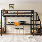 Letto a soppalco Twin XL con scrivania e scale contenitore, struttura in metallo con luci LED, porte USB, rete in ferro multifunzionale, non richiede box a molle, colore nero