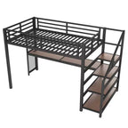 Letto a soppalco Twin XL con scrivania e scale contenitore, struttura in metallo con luci LED, porte USB, rete in ferro multifunzionale, non richiede box a molle, colore nero