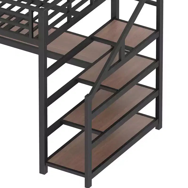 Letto a soppalco Twin XL con scrivania e scale contenitore, struttura in metallo con luci LED, porte USB, rete in ferro multifunzionale, non richiede box a molle, colore nero