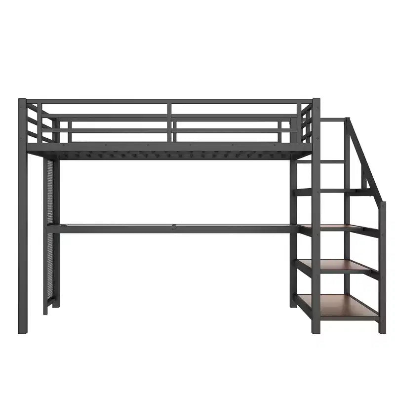 Letto a soppalco Twin XL con scrivania e scale contenitore, struttura in metallo con luci LED, porte USB, rete in ferro multifunzionale, non richiede box a molle, colore nero