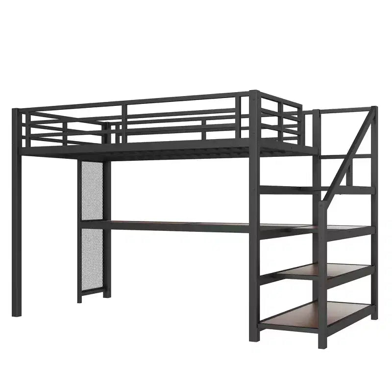 Letto a soppalco Twin XL con scrivania e scale contenitore, struttura in metallo con luci LED, porte USB, rete in ferro multifunzionale, non richiede box a molle, colore nero