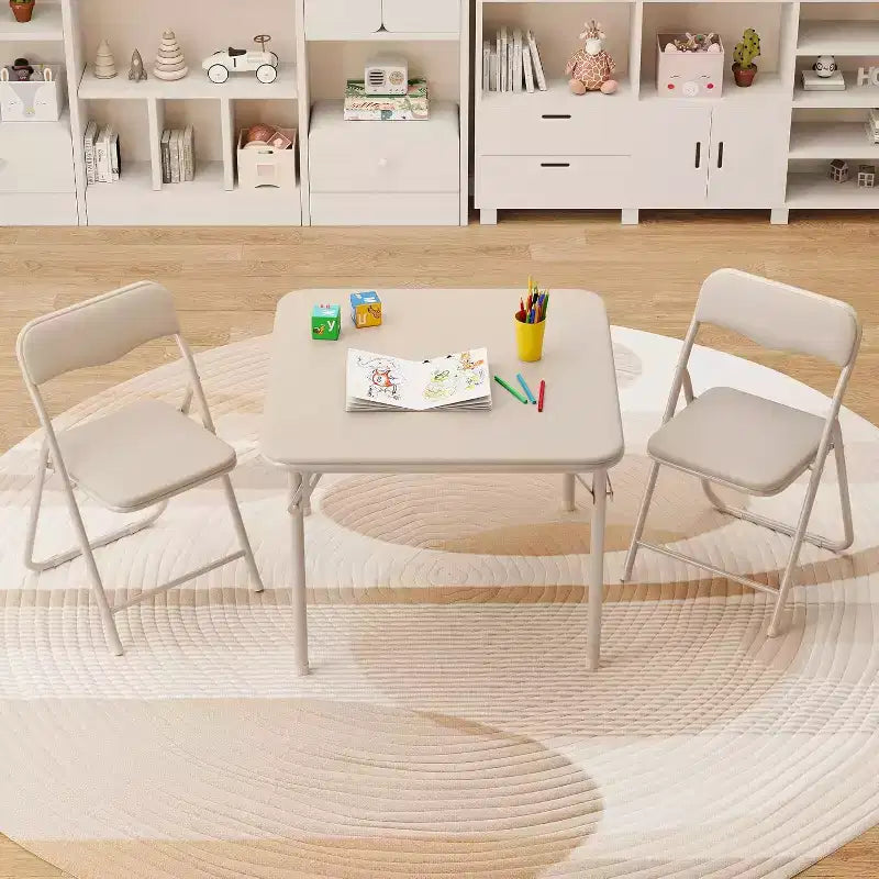 Kids 3-Piece Folding Table and Chair Set - Soft PU Cushion Seats, No Assembly Required, Portable Compact, Indoor Outdoor Use for Reading Play