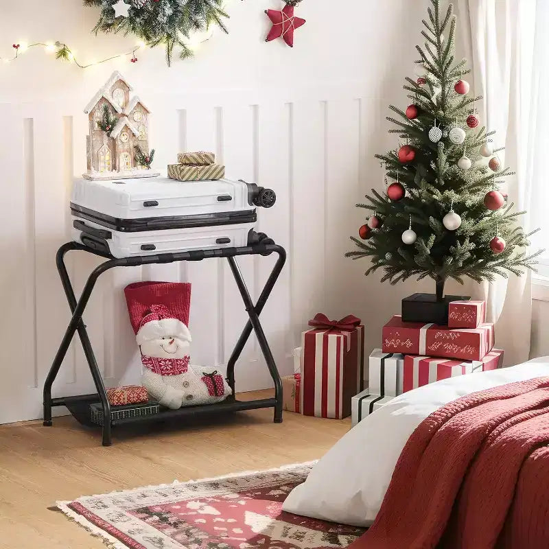 Portabagagli pieghevole con ripiano portaoggetti in tessuto, stand per valigie da 45 kg per camera degli ospiti, camera da letto, hotel - Salvaspazio, nero