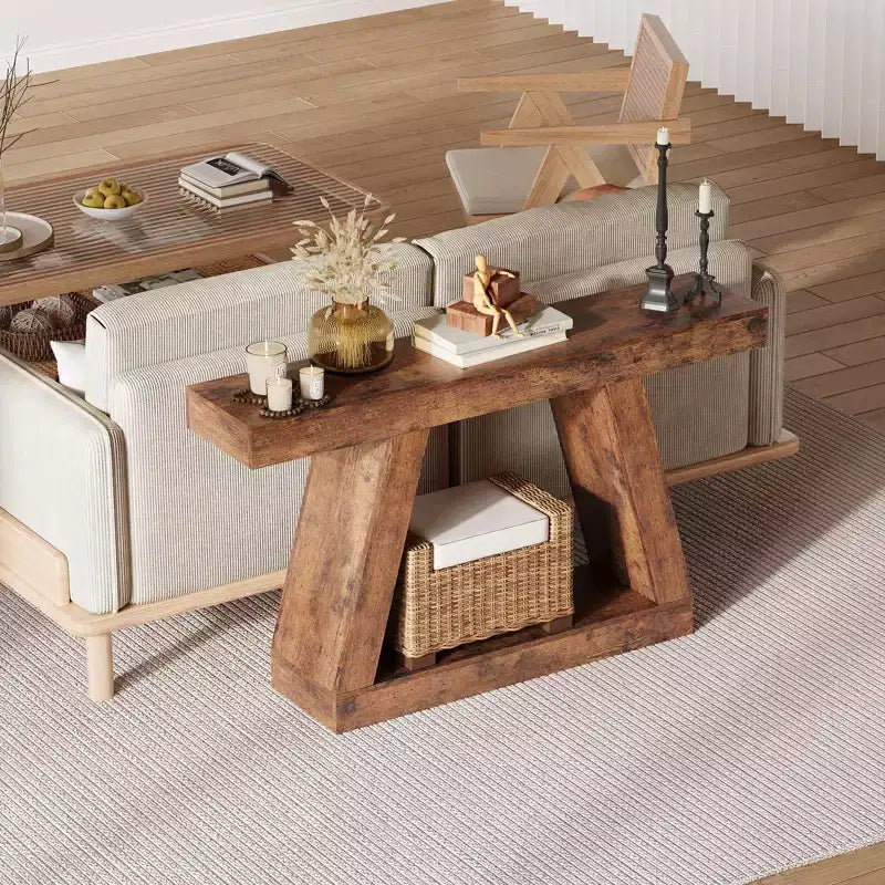 Tavolo Consolle da Fattoria da 140 cm, Tavolo Stretto a 2 Ripiani per Ingresso con Contenitore, Tavolo in Legno Dietro il Divano per Soggiorno, Corridoio, Ingresso, Camera da Letto