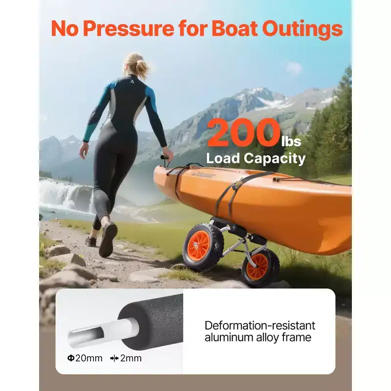 Carrello per Kayak, capacità di carico di 90 kg, carrello per kayak pieghevole con pneumatici in gomma piena da 10 pollici e 1 cinghia a cricchetto, carrello per paddle board, nero+arancione