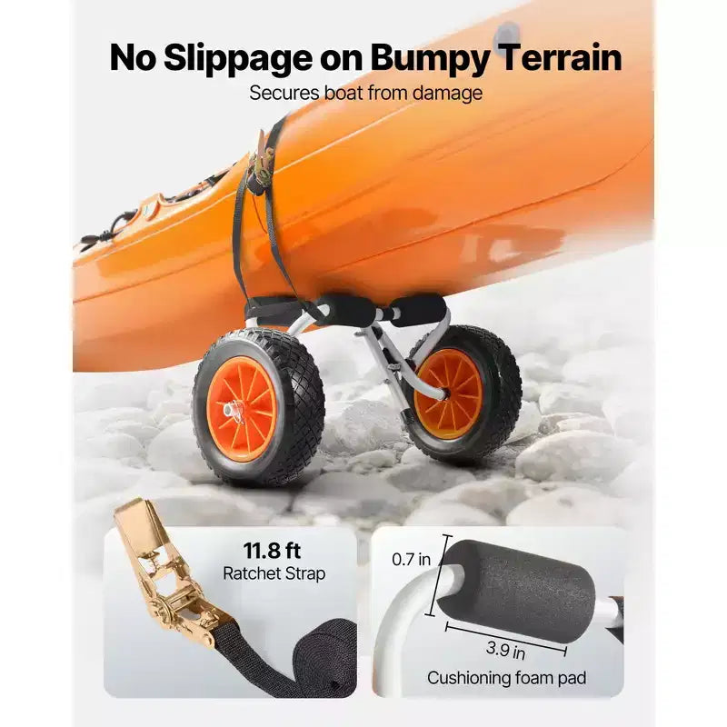 Carrello per Kayak, capacità di carico di 90 kg, carrello per kayak pieghevole con pneumatici in gomma piena da 10 pollici e 1 cinghia a cricchetto, carrello per paddle board, nero+arancione