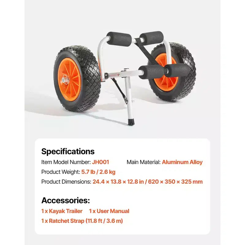 Carrello per Kayak, capacità di carico di 90 kg, carrello per kayak pieghevole con pneumatici in gomma piena da 10 pollici e 1 cinghia a cricchetto, carrello per paddle board, nero+arancione
