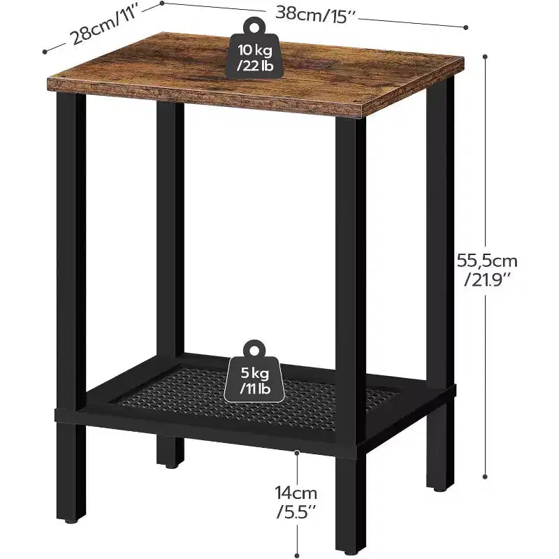 Tavolino Piccolo a 2 Livelli con Decorazioni in Finto Rattan, Comodino Marrone Rustico e Nero per Soggiorno/Camera da Letto, Salvaspazio