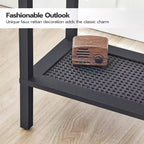 Tavolino Piccolo a 2 Livelli con Decorazioni in Finto Rattan, Comodino Marrone Rustico e Nero per Soggiorno/Camera da Letto, Salvaspazio