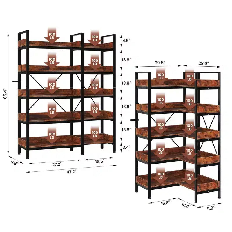 Libreria angolare reversibile a L a 5 ripiani, libreria industriale in legno, scaffale Etagere da 65 pollici con piedini regolabili e struttura in metallo per soggiorno