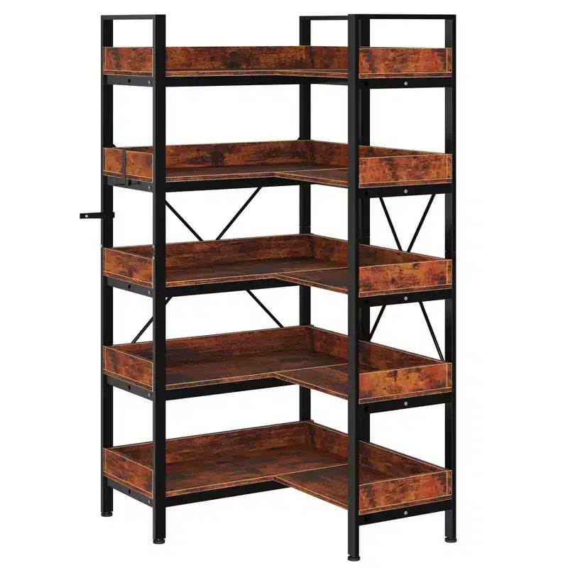 Libreria angolare reversibile a L a 5 ripiani, libreria industriale in legno, scaffale Etagere da 65 pollici con piedini regolabili e struttura in metallo per soggiorno