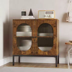 Modern Rattan Buffet Cabinet with Doors  Wooden Storage Sideboard for Dining Room, Kitchen with Metal Feet