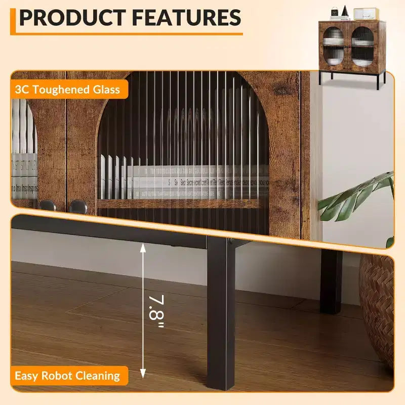 Madia Moderna in Rattan con Ante, Credenza Contenitore in Legno per Sala da Pranzo, Cucina con Piedini in Metallo
