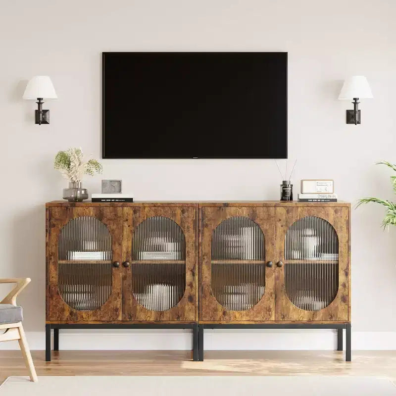 Madia Moderna in Rattan con Ante, Credenza Contenitore in Legno per Sala da Pranzo, Cucina con Piedini in Metallo