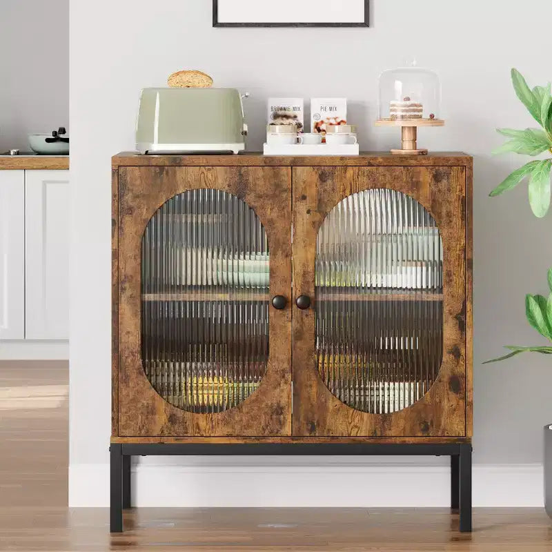 Madia Moderna in Rattan con Ante, Credenza Contenitore in Legno per Sala da Pranzo, Cucina con Piedini in Metallo