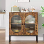 Madia Moderna in Rattan con Ante, Credenza Contenitore in Legno per Sala da Pranzo, Cucina con Piedini in Metallo