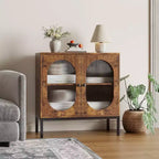 Madia Moderna in Rattan con Ante, Credenza Contenitore in Legno per Sala da Pranzo, Cucina con Piedini in Metallo