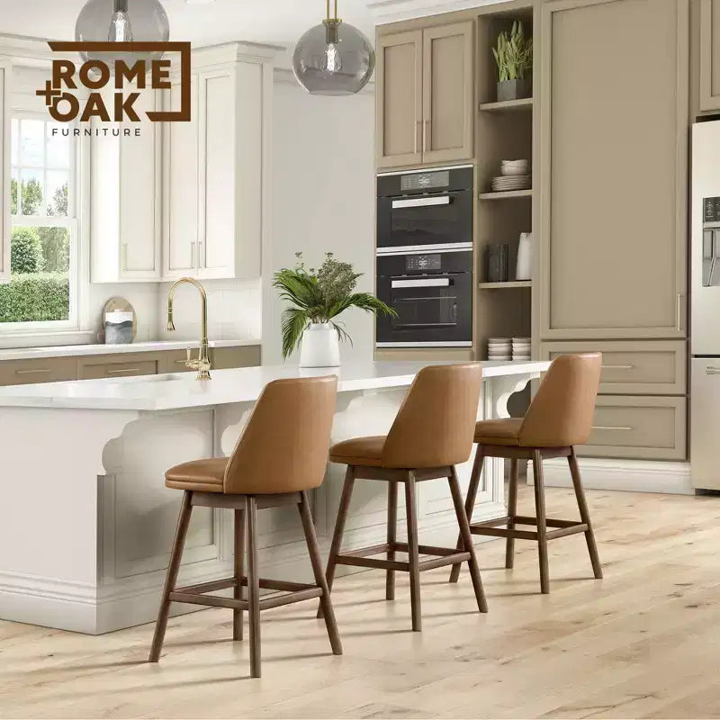 Sgabello da bancone Rowan girevole da 26 pollici in finitura noce con seduta imbottita in pelle vegana marrone - Cucina o sala da pranzo