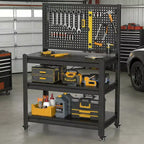 Scaffalatura in Metallo Resistente a 3 Ripiani con Pannello Forato, 18 kg - Scaffale Industriale Regolabile per Garage, Cucina, Dispensa e Giardino