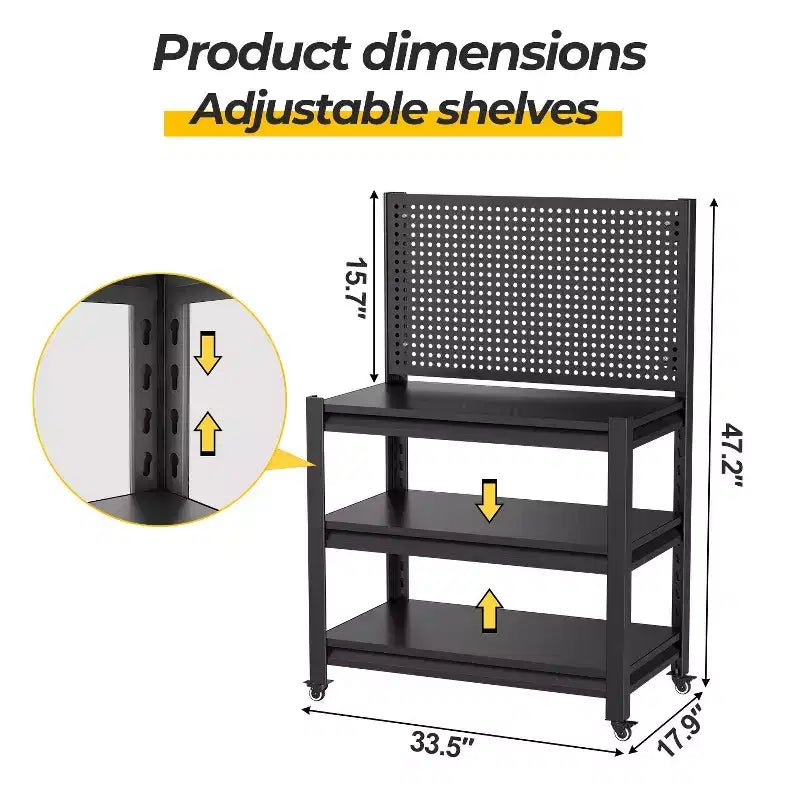 Scaffalatura in Metallo Resistente a 3 Ripiani con Pannello Forato, 18 kg - Scaffale Industriale Regolabile per Garage, Cucina, Dispensa e Giardino