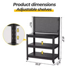 Scaffalatura in Metallo Resistente a 3 Ripiani con Pannello Forato, 18 kg - Scaffale Industriale Regolabile per Garage, Cucina, Dispensa e Giardino