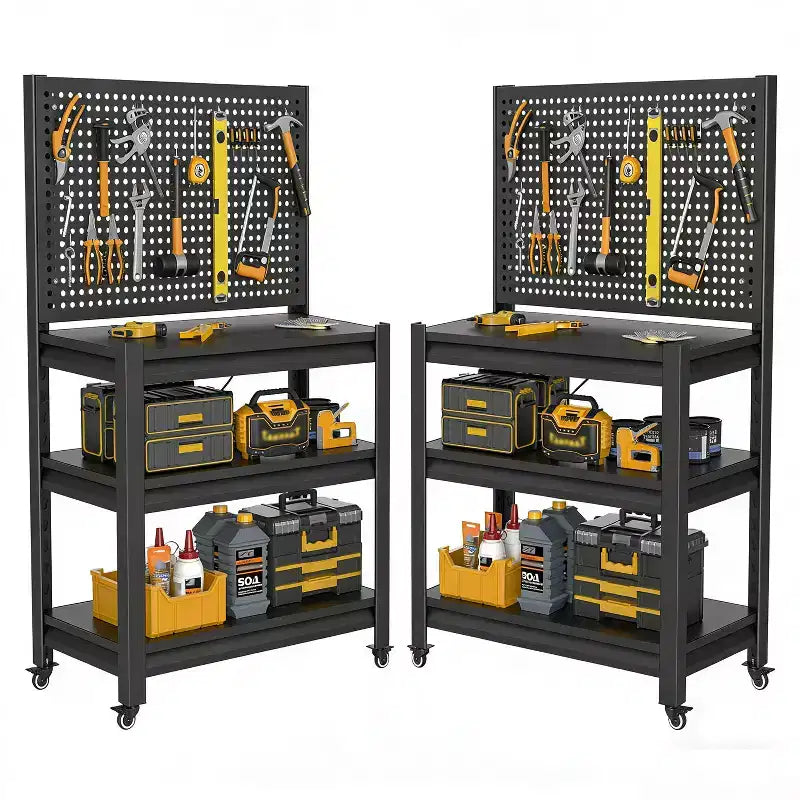 Scaffalatura in Metallo Resistente a 3 Ripiani con Pannello Forato, 18 kg - Scaffale Industriale Regolabile per Garage, Cucina, Dispensa e Giardino