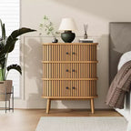 Dresser, Mid-Century Modern 3-Drawer Cabinet with Wicker Sliding Door & Wooden Legs, Oak