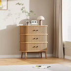 Cassettiera, Mobile a 3 cassetti moderno di metà secolo con anta scorrevole in vimini e gambe in legno, Rovere