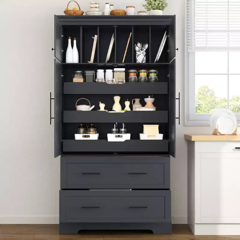 Dispensa da cucina a colonna con 2 cassetti, 2 vassoi estraibili, spazio per teglie da forno, stile rustico - Panipeachy