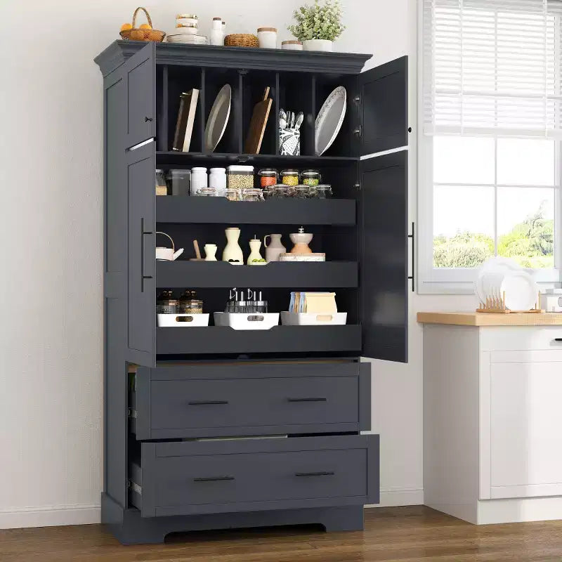 Dispensa da cucina a colonna con 2 cassetti, 2 vassoi estraibili, spazio per teglie da forno, stile rustico - Panipeachy