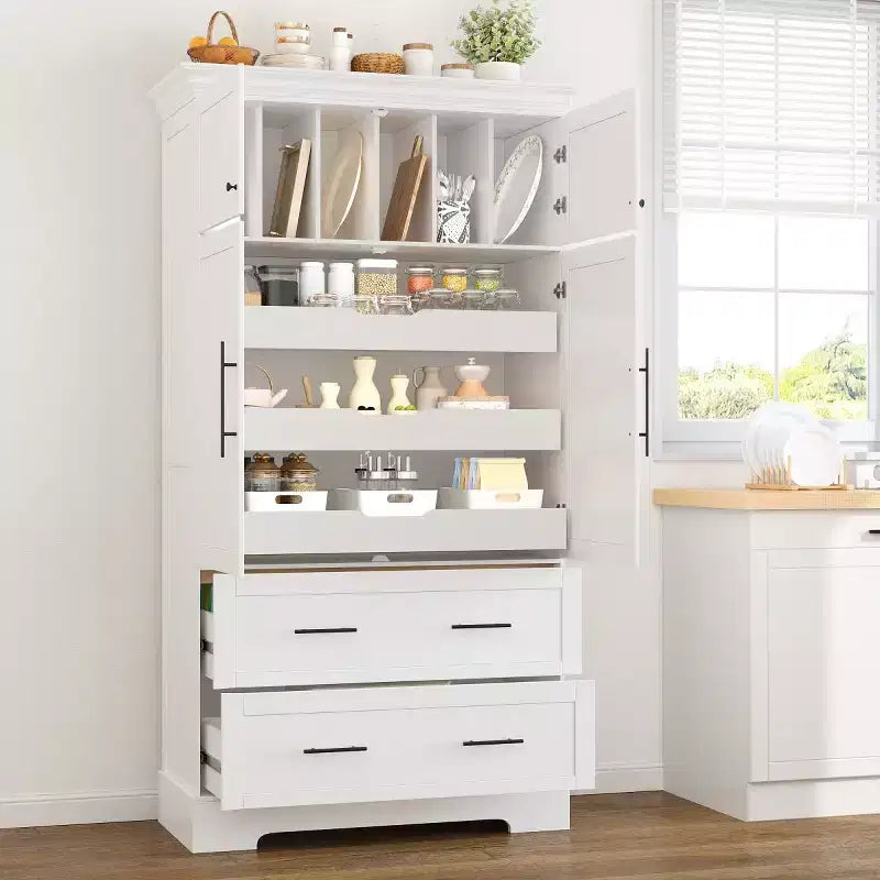 Dispensa da cucina a colonna con 2 cassetti, 2 vassoi estraibili, spazio per teglie da forno, stile rustico - Panipeachy