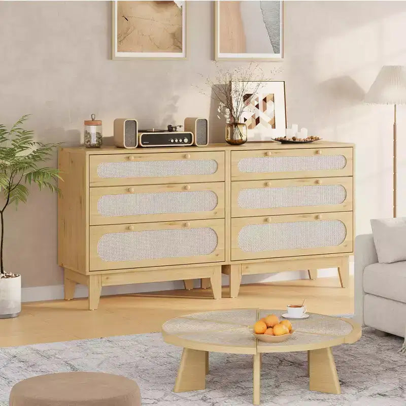 Comò in rattan con 3 cassetti diversi, cassettiera naturale per armadio con maniglie e gambe in legno, dotata di kit antiribaltamento, rovere naturale
